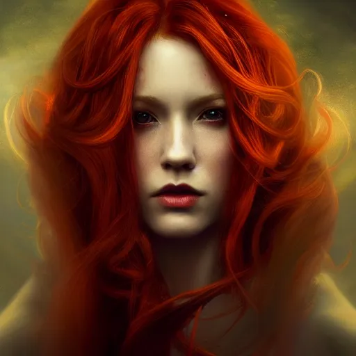 Image similar to majestic gracious regal aristocratic female red haired vampire portrait, atmospheric lighting, painted, seductive, menacing, intricate, volumetric lighting, beautiful, rich deep colours masterpiece, golden hour, sharp focus, ultra detailed, by leesha hannigan, ross tran, thierry doizon, kai carpenter, ignacio fernandez rios