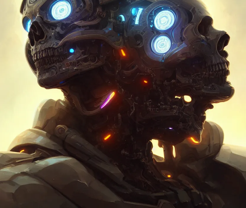 Image similar to Cyborg skull portrait, front view, sci-fi, highly detailed, digital painting, artstation, concept art, smooth, sharp focus, illustration, art by artgerm and greg rutkowski and alphonse mucha