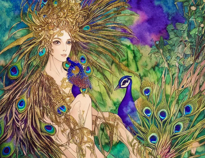 Prompt: faerie peacock in a tropical greenhouse. this watercolor and gold leaf work by the award - winning mangaka has a beautiful composition, dramatic lighting and intricate details.