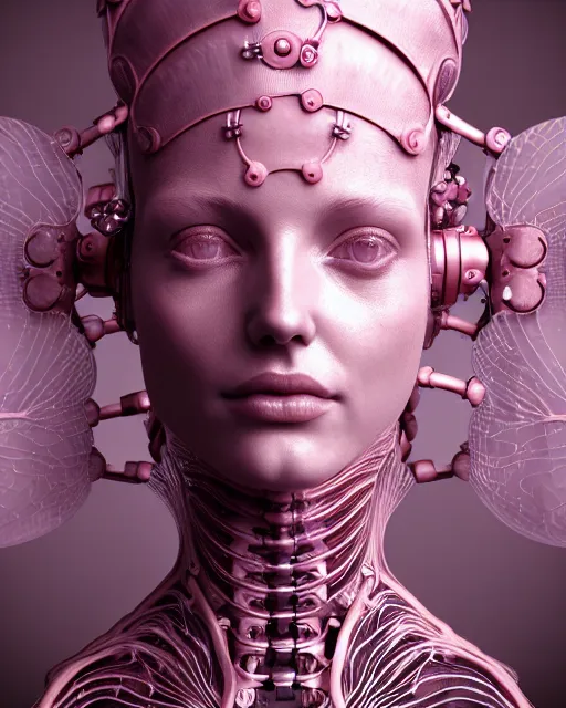 Image similar to mythical dreamy organic bio - mechanical spinal ribbed profile face portrait detail of translucent steampunk beautiful intricated monochrome angelic - human - queen - vegetal - cyborg, highly detailed, intricate translucent pink ivy jelly ornate, poetic, translucent roses ornate, 3 d render, digital art, octane render, 8 k artistic photography