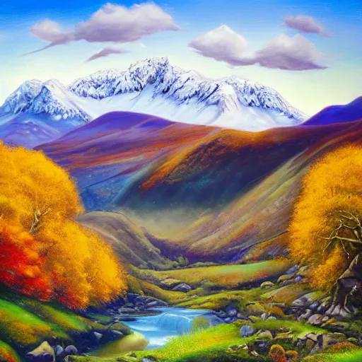 Prompt: autumnal scottish valley view with snowy mountains in the background and a deep blue sky by lisa frank and tyler edlin