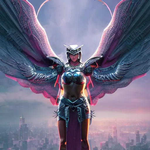 Image similar to woman valkyrie with pink metal wings, celtic and cyberpunk armor, cityscape, flying, high detail, sharp focus, silver cyber armor, rt by artgerm and greg rutkowski, digital painting, smooth render, unreal engine 5,