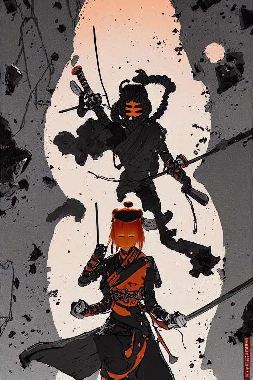 Image similar to interzone orange grey secret society, samurai girl at the crumbling temple by ashley wood and mike mignola and mike ploog and katuya terada and moebius, artstation, 4 k detailed post processing, footage