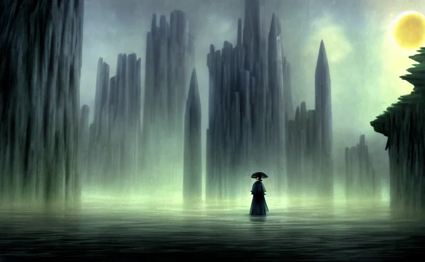 Prompt: a realistic and atmospheric cell - shaded concept art from howl's moving castle ( 2 0 0 4 ) of a grey monk standing in a futurist sci - fi city that looks like stonehenge in a flooded rainforest. it is a misty starry night. very dull muted colors, hd, 4 k, hq