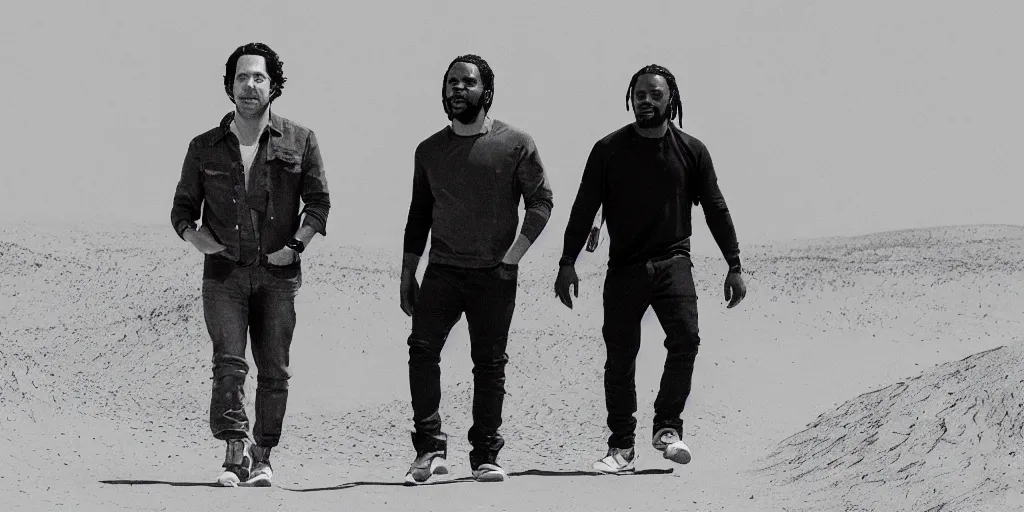 Image similar to Paul Rudd and Kendrick Lamar walking through a desert, Dune like atmosphere, Dune like clothing, black and white drawing, comic book