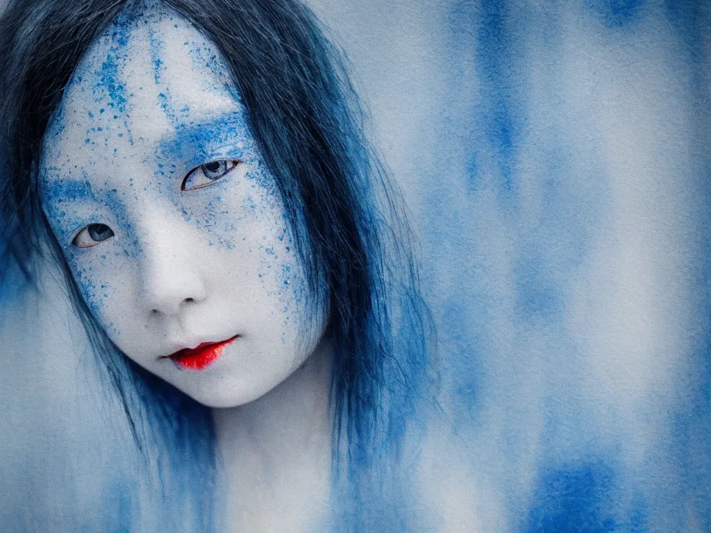 Prompt: the piercing blue eyed stare of yuki onna, freezing blue skin, painted in minimalist watercolor, bokeh, asymmetric, rule of thirds