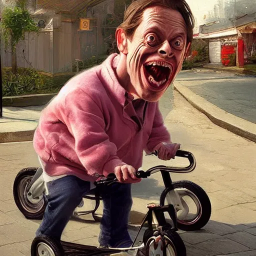 Image similar to hyper realistic absurd, silly, making faces, steve buscemi riding a tiny tricycle, painted by greg rutkowski, wlop, artgerm