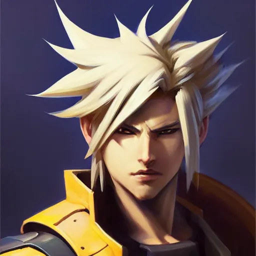 Image similar to Greg Manchess portrait painting o Cloud Strife as Overwatch character, medium shot, asymmetrical, profile picture, Organic Painting, sunny day, Matte Painting, bold shapes, hard edges, street art, trending on artstation, by Huang Guangjian and Gil Elvgren and Sachin Teng