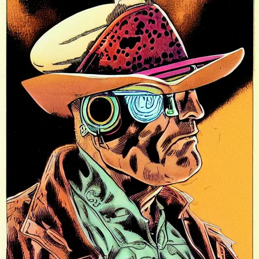 Image similar to cyborg cowboy, highly detailed, ron cobb, moebius, mike mignola