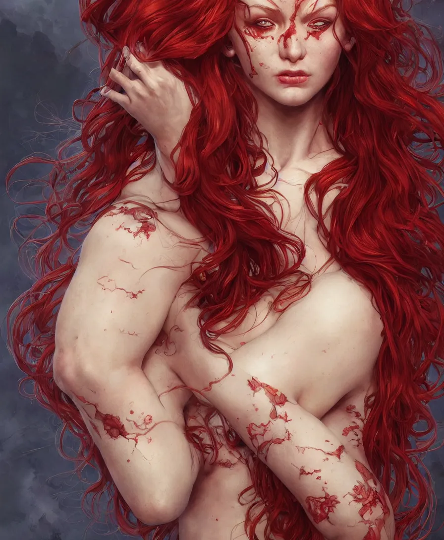 Image similar to Hyperrealistic close-up portrait of zombie mermaid young woman with red hair, D&D, fantasy, intricate, elegant, highly detailed, digital painting, artstation, concept art, smooth, sharp focus, illustration, art by artgerm and greg rutkowski and alphonse mucha