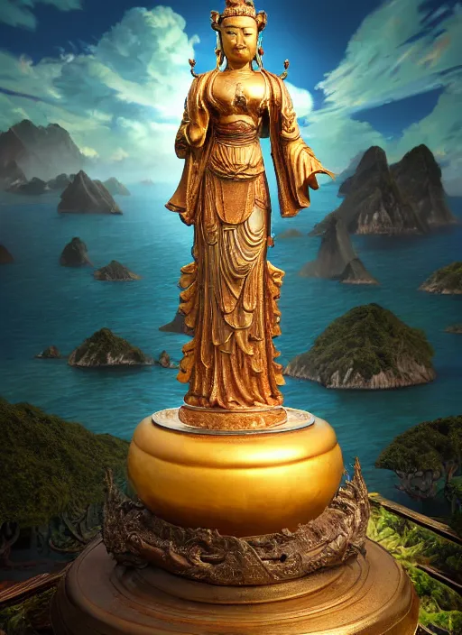 Image similar to guanyin stand on big loutus, a godness of the southern seas, a realistic setting with muted colors, visual novel cover, by yoshitaka amano, zeng fanzhi, jane hamilton, tiffany studios, sunrays shine uponit, frostbite 3 engine, cryengine, dof, trending on artstation, digital art, fantasy detailed background