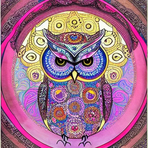 Image similar to owl, mandala, pink, blue, beautiful, by Alphons Mucha