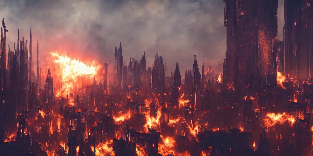 Image similar to gothic medieval cyberpunk city, giant explosion, fire, trail of smoke, high quality, detailed, 8k, unreal engine, octane render, trending on artstation