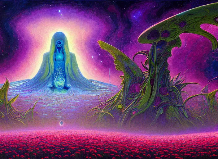 Image similar to a beautiful painting of a large alien shrine shrouded by mystic nebula magic in a field of flowers by moebius and android jones, oil on canvas sharp, details, hyper - detailed, hd, hdr, 4 k, 8 k