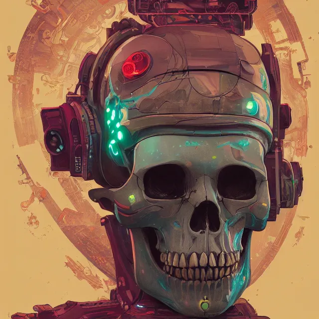 Image similar to a beautiful portrait painting of a ( ( cyberpunk ) ) skull by simon stalenhag! and pascal blanche and alphonse mucha!! and nekro!. in style of digital art. colorful comic, film noirs!, symmetry, hyper detailed. octane render. trending on artstation