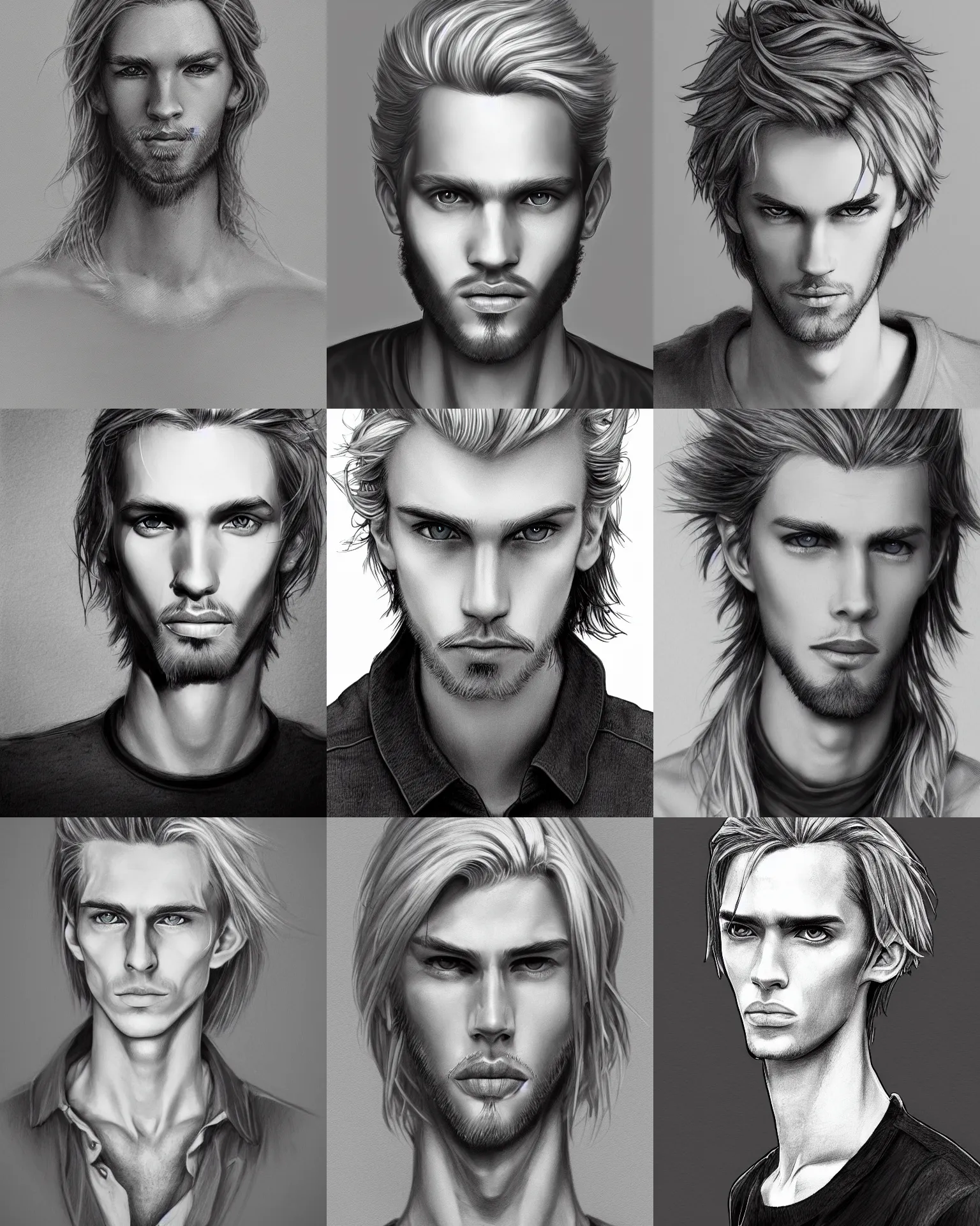 Image similar to black and white pencil portrait of a skinny european male, longer blond hair, light stubble beard, wearing a light shirt, blue eyes, rugged, teenage, fantasy, wizard, trending artstation, relaxed expression, dark lighting, high detail