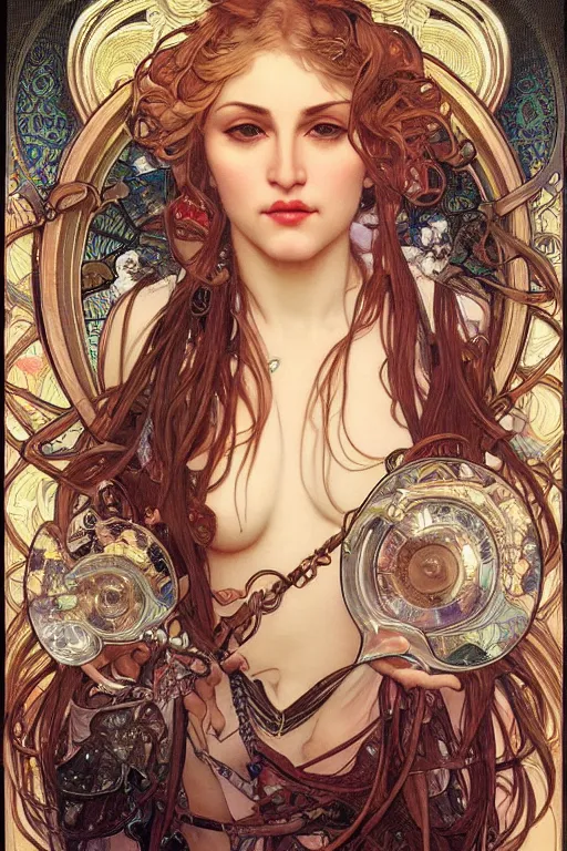 Prompt: realistic detailed face portrait of Madonna by Alphonse Mucha, Ayami Kojima, Amano, Charlie Bowater, Karol Bak, Greg Hildebrandt, Jean Delville, and Mark Brooks, Art Nouveau, Neo-Gothic, gothic, rich deep moody colors
