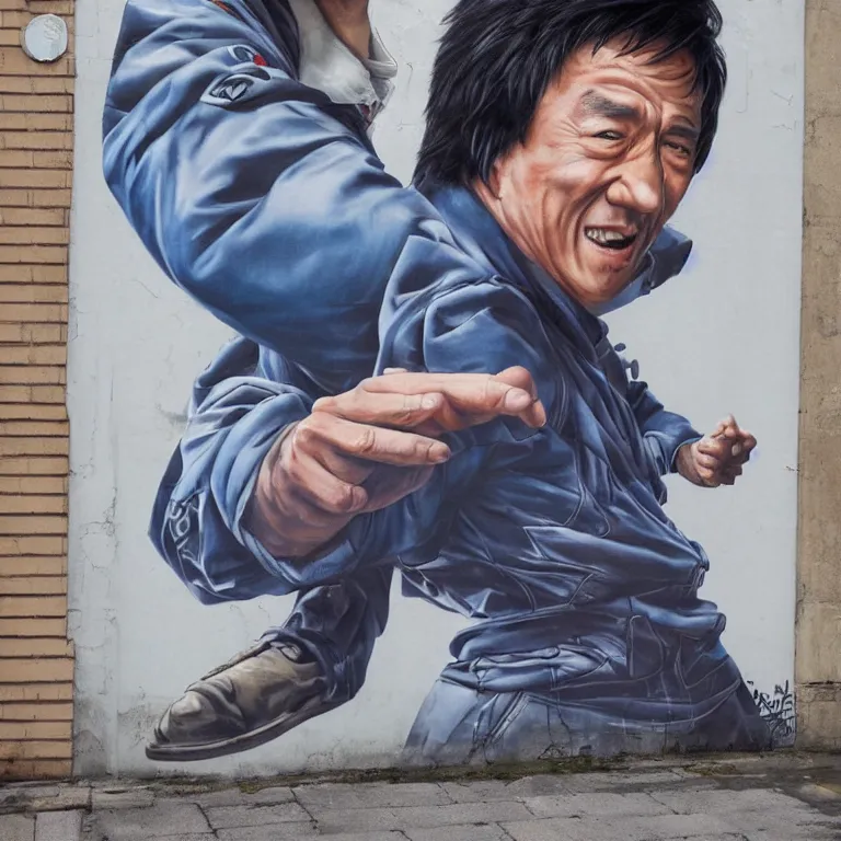 Image similar to Street-art full-body portrait of Jackie Chan in style of Etam Cru, photorealism