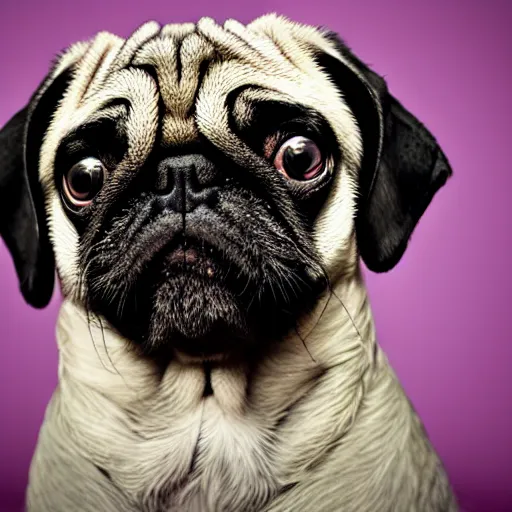 Image similar to portrait of a depressed pug dog with an emo haircut, intricate detail, high contrast, studio photo, well lit,