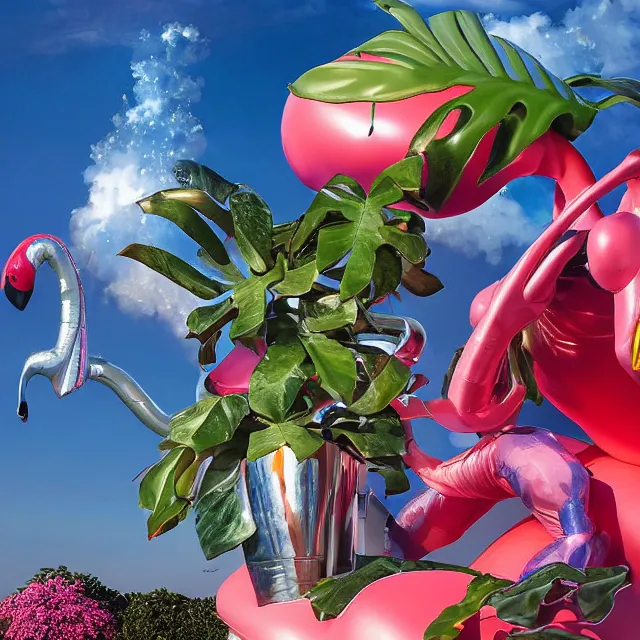 Image similar to an extreme close - up of a statue chrome cyborg lycra nymph battling a giant inflatable flamingo pool float, christmas cactus arnold schwarzenegger and monstera plants, fireworks thick smoke epic clouds, by jeff koons, hajime soryama, boris vallejo, artgerm, greg rutkowski, alphonse mucha