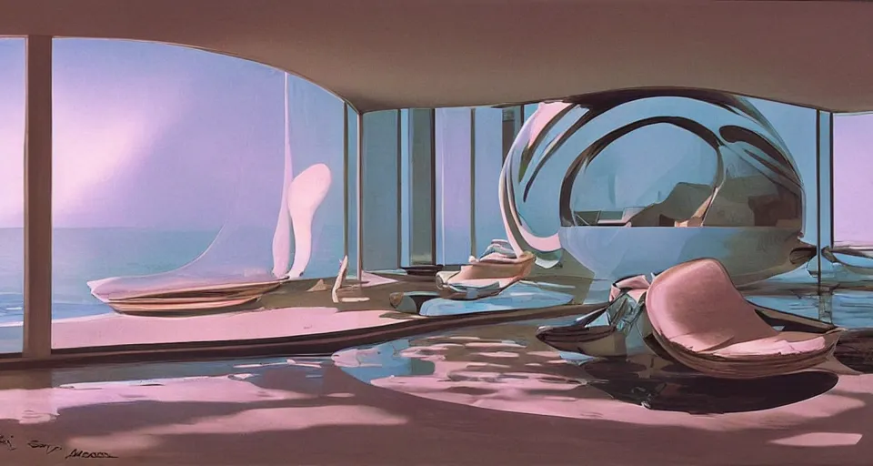 Image similar to nacre seashell house, atmospheric cinematography by syd mead