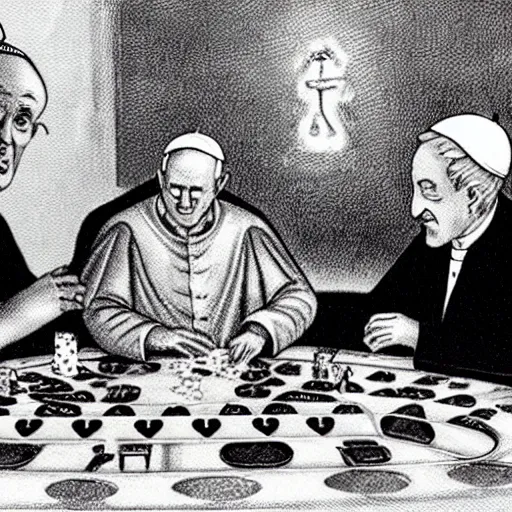 Prompt: the pope playing poker with the devil