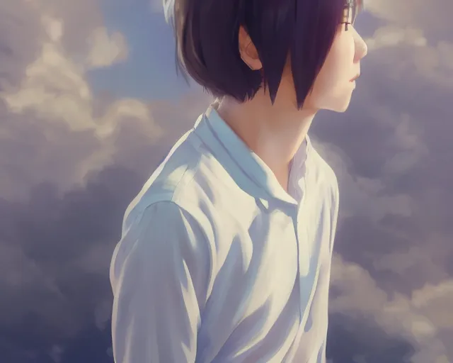 Image similar to teen looking at blue sky, wearing white shirt, back turned, looking up, illustration, by pine ( ハイネ ) and 薯 子 imoko and 香 川 悠 作 and wlop and maya takamura, highly detailed, trending artstation, pixiv, digital art