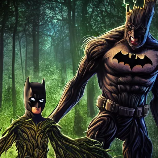 Image similar to batman meets groot in the woods digital art 4 k detailed super realistic