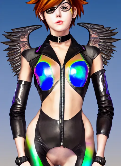 Prompt: portrait bust digital artwork of tracer overwatch, wearing iridescent rainbow latex and leather straps catsuit outfit, makeup, in style of mark arian, angel wings, wearing detailed leather collar, chains, black leather harness, detailed face and eyes,