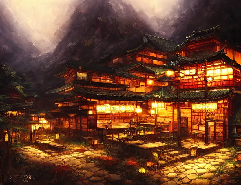 Prompt: enchanted izakaya in the faraway mountains. this oil painting by the award - winning mangaka has a beautiful composition, great sense of depth, dramatic lighting and intricate details.