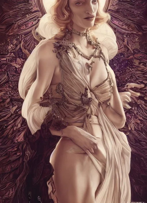 Image similar to Uma Thurman wearing epic haute couture by Alexander McQueen, extremely beautiful and proportionate face, in the aesthetic of mert and marcus, masterpiece, intricate, elegant wardrobe, highly detailed, digital painting, artstation, concept art, smooth, sharp focus, illustration, art by artgerm and james jean and greg rutkowski and alphonse mucha