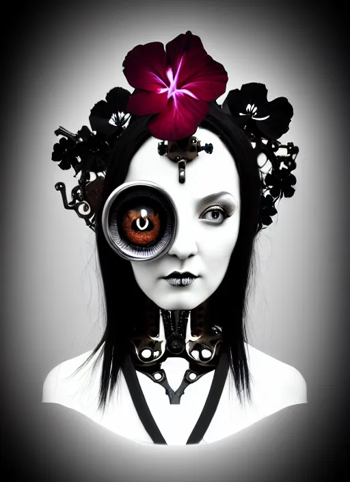 Image similar to black and white gothic masterpiece profile face portrait, one steampunk eye biomechanical beautiful young female cyborg - vampire, body meshes, big monocular, volumetric light, hibiscus flowers, by hg giger, rim light, big gothic fashion pearl embroidered collar, 8 k