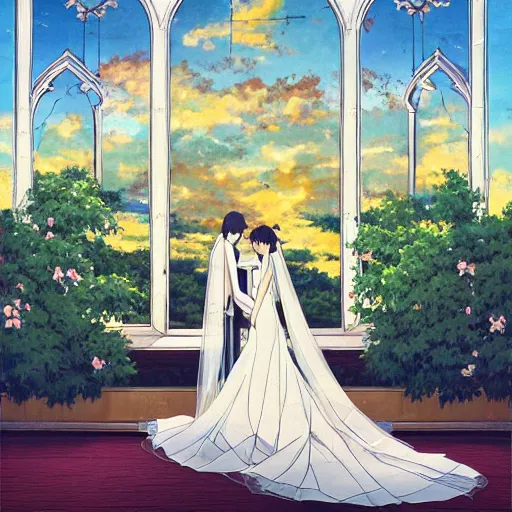 Image similar to a detailed beautiful picture of the window of the church, a bride and a groom, sky, flower, by makoto shinkai, - w 7 6 8