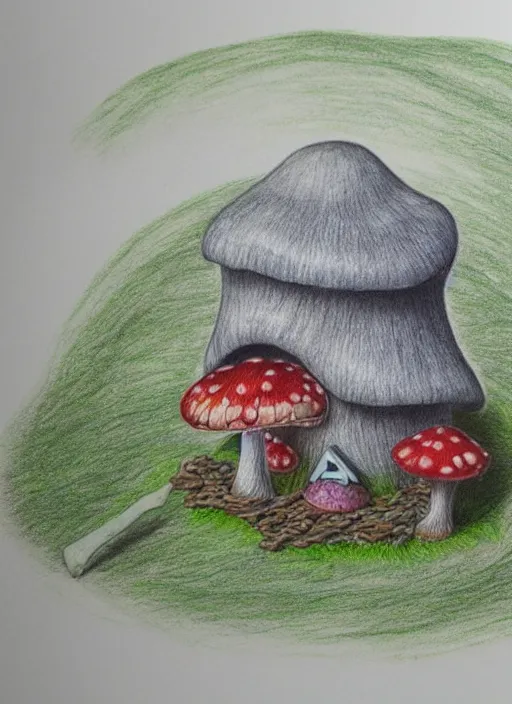 Image similar to a hybrid between a mushroom and a house,, insanely detailed, studio light, 3 d rendering, colored pencil