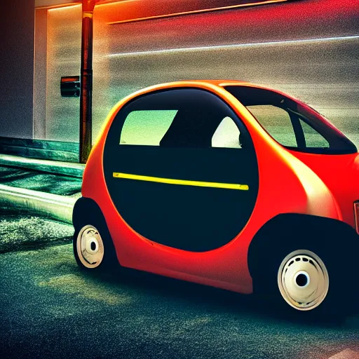 Prompt: small modern utility car with single sit, with classic vintage japanese design, award winning photo, 4 k, very detailed, photolab, lighting, dark background, neon colors