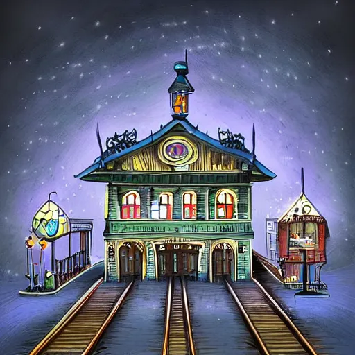 Prompt: train station designed by tim burton at night art digital