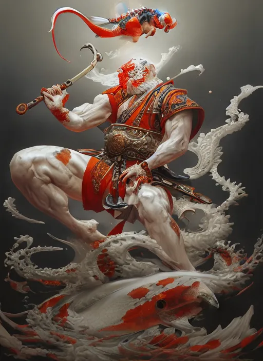 Image similar to subsurface scattering, white, koi, samurai deity with four arms, by jesper ejsing, justin gerard, tomasz alen kopera, cgsociety and fenghua zhong, highly detailed, rim light, cinematic lighting, illustration, art, octane render, very coherent, cinematic, hyper realism, high detail, octane render, 8 k
