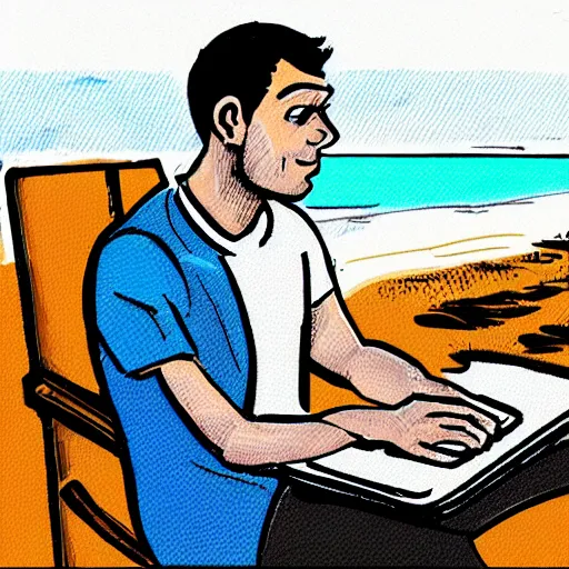 Image similar to storyboard sketch image of man working on laptop at sunny beach, perfect face, fine details