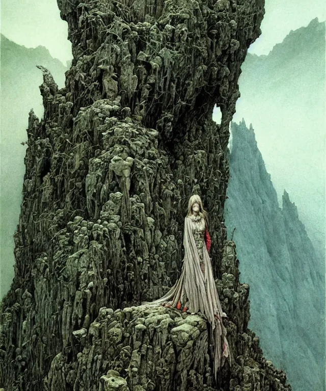 Image similar to a detailed mosquitowoman stands among the mountains. wearing a ripped mantle, robe. perfect faces, extremely high details, realistic, fantasy art, solo, masterpiece, art by zdzislaw beksinski, arthur rackham, dariusz zawadzki