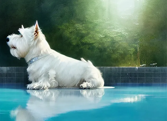 Image similar to west highland white terrier sitting by a pool, bright, reflections, intricate, sharp focus, lens flare, bloom, illustration, highly detailed, digital painting, concept art, matte, art by ruan jia and wlop and greg rutkowski, masterpiece