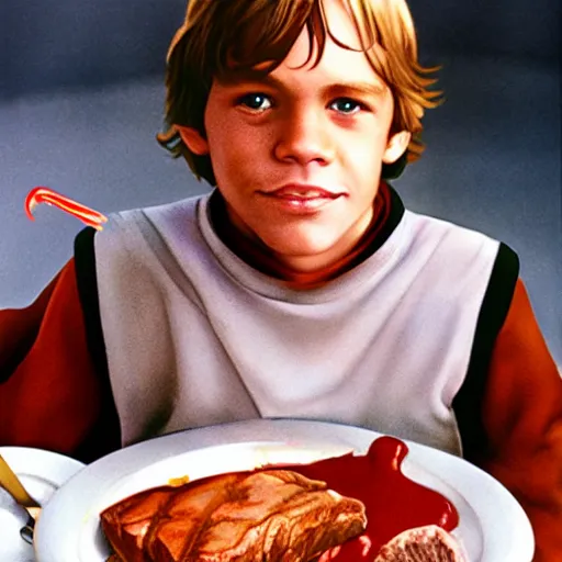 Image similar to portrait young luke skywalker sitting at a denny's restaurant eating a steak covered in ketchup