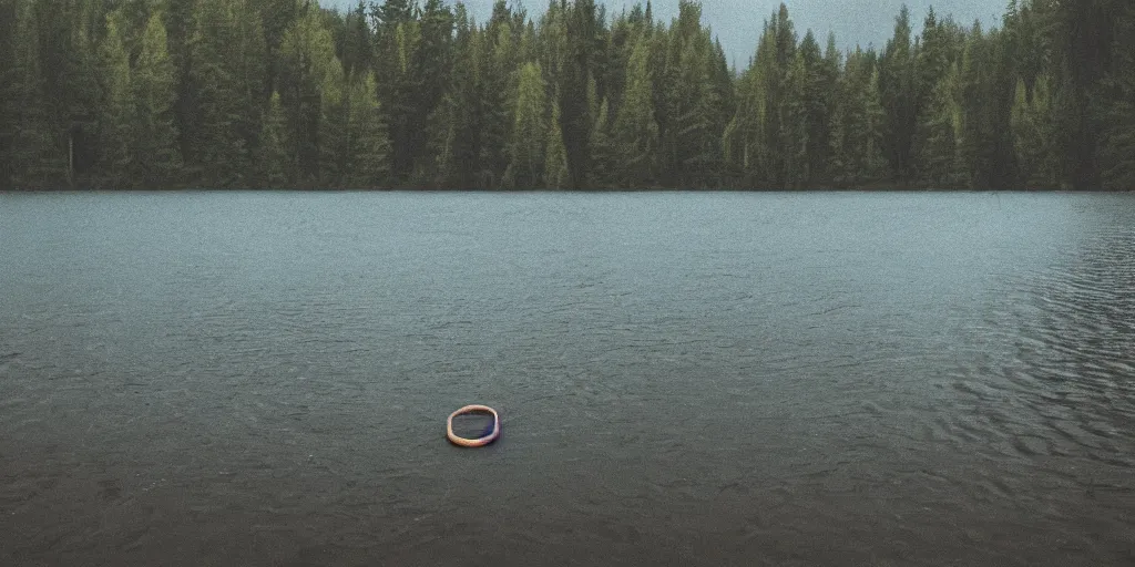 Prompt: centered photograph of a rope floating on the surface of the water, dark lake on a cloudy day, color film, trees in the background, hyper detailed photo, anamorphic lens