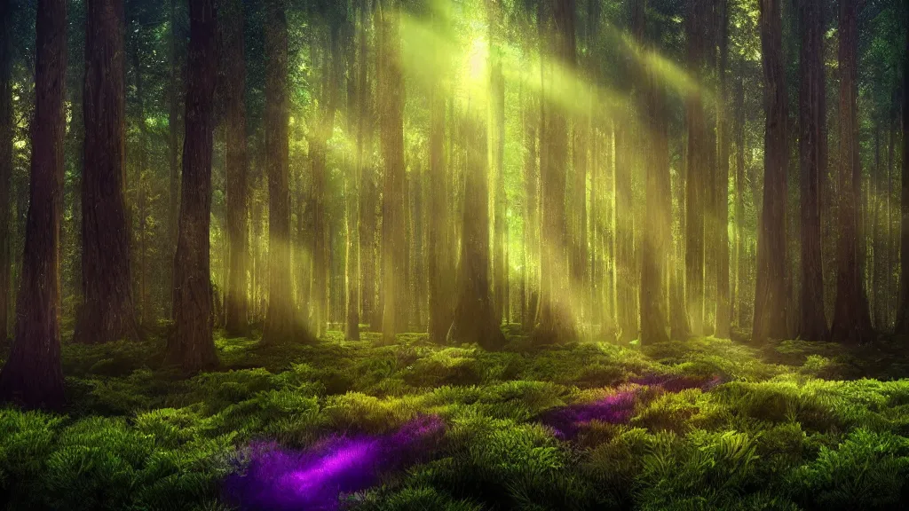 Prompt: portrait of an ethereal evergreen forest made of green and purple light with log cabin made of golden light, divine, cyberspace, mysterious, dark high-contrast concept art