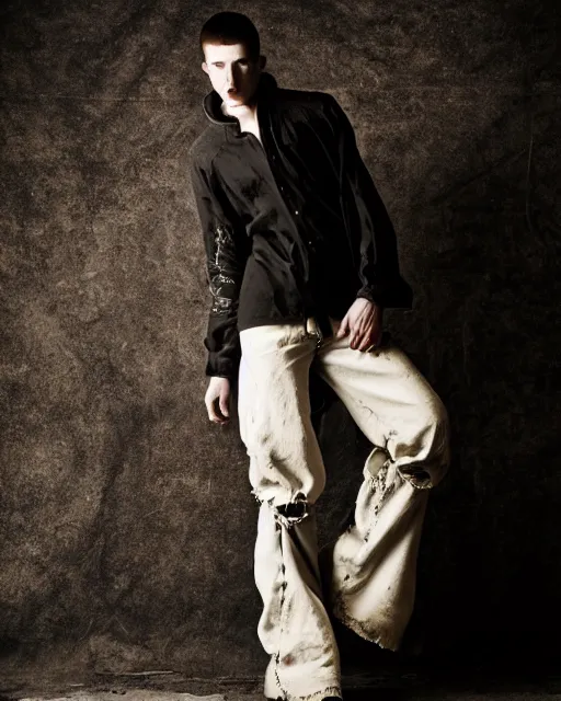 Image similar to an award - winning photo of a scary male model wearing a boot cut flared distressed medieval designer menswear trousers designed by kapital, 4 k, studio lighting, wide angle lens, 2 0 0 4