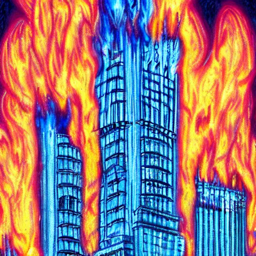 Prompt: tall building on fire with blue flames, extreme detail, abstract realism, highly ornate intricate details, 1 9 2 0's colored pencil, 4 k, cinematic lighting,