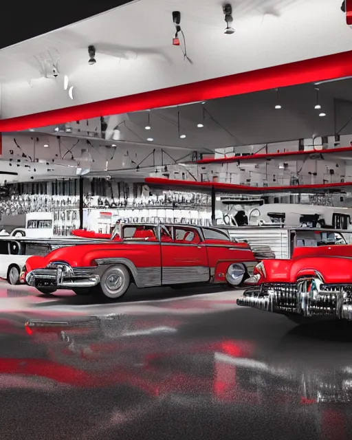 Image similar to indoors of car show pavilion with great cars of 1950s with stages like drive in and gas station, volumetric lighting, 1950s palette, hyper realism, high detail, octane render, high contrast , 8k