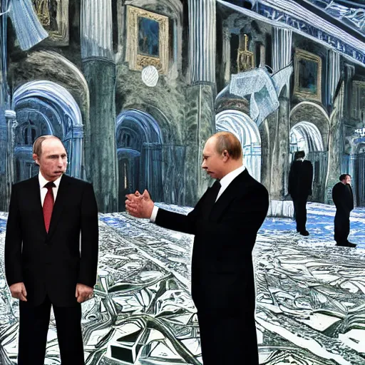 Prompt: cinematic shot of Yung Lean wearing a bucket hat and Vladimir Putin shaking hands with each other in the Kremlin, 8k, hyper intricate, hyper detailed,