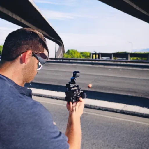 Prompt: a man shooting a video of a shooting on a overpass