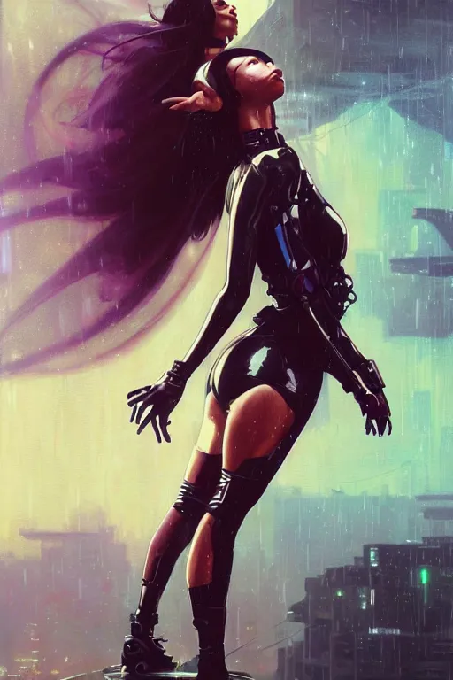 Image similar to cyberpunk Normani as aeon flux profile picture by Greg Rutkowski, dynamic pose, intricate, futuristic, fantasy, elegant, by Stanley Artgerm Lau, greg rutkowski, thomas kindkade, alphonse mucha, loish, norman Rockwell, metal chrome, shiny, rainy background, asymmetric,