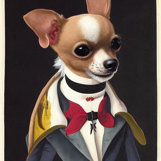 Prompt: fancy dress chihuahua painted by john james audubon. high - quality character portrait. large black eyes, slightly rounded face, pointed chin, black tank top, black leather jacket, black knee - length skirt, black choker.